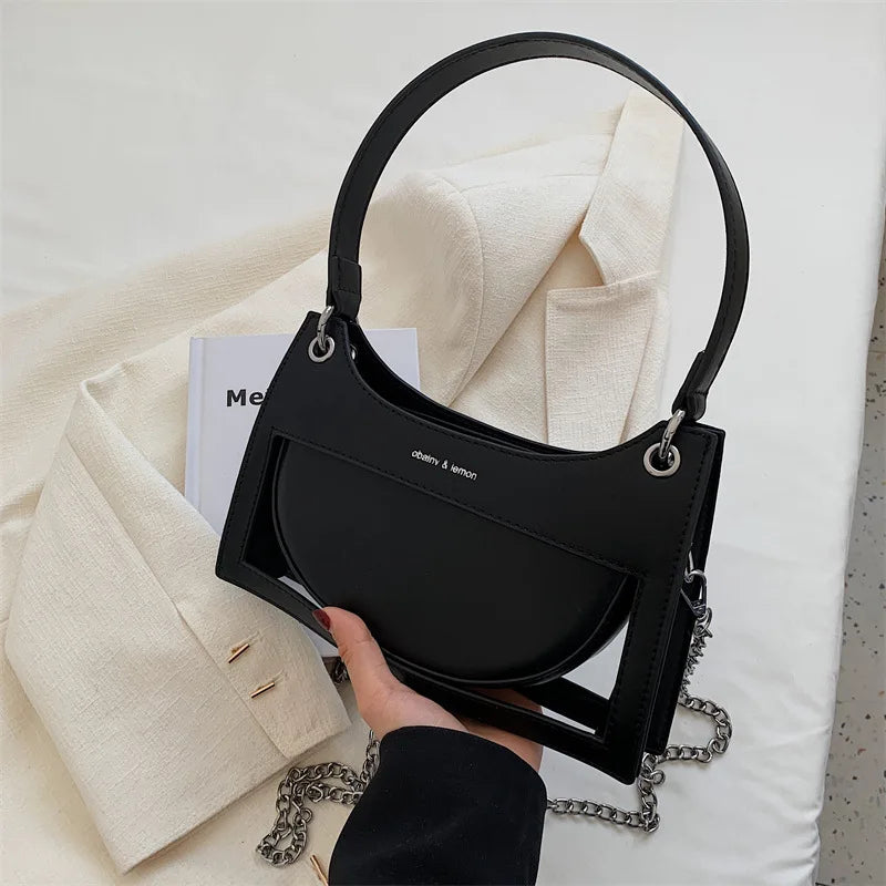 Hollow Out Design Women Underarm Bags Solid Colour Zipper Casual Female Handbags Simple Trend Chain Ladies Trapeze Bags