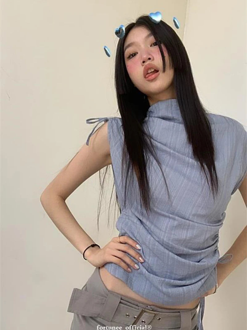 Zoki Streetwear Y2K Slim Tanks Women Shirring Vintage Casual Tops Summer Sleeveless Female Retro Half Turtleneck Harajuku Tanks