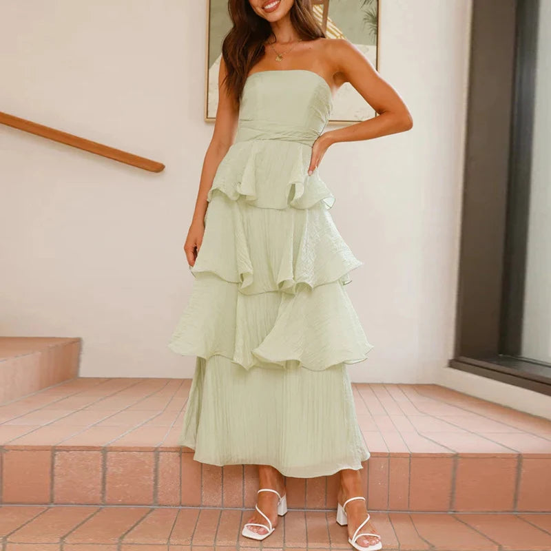 Women 2025 Backless Sleeveless One Piece Office Long Dress Elegant Solid Evening Dress All Match Layered Ruffle Slim Party Dress