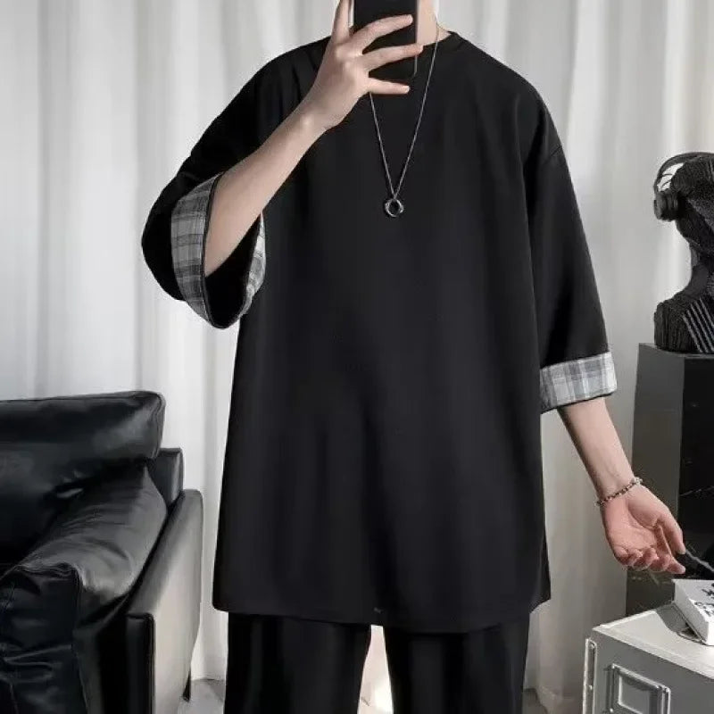 New Fashionable Summer Korean Style Short Sleeve T-shirt For Men Loose Fit Trendy Two-piece Illusion Half Sleeve Hong Kong Style