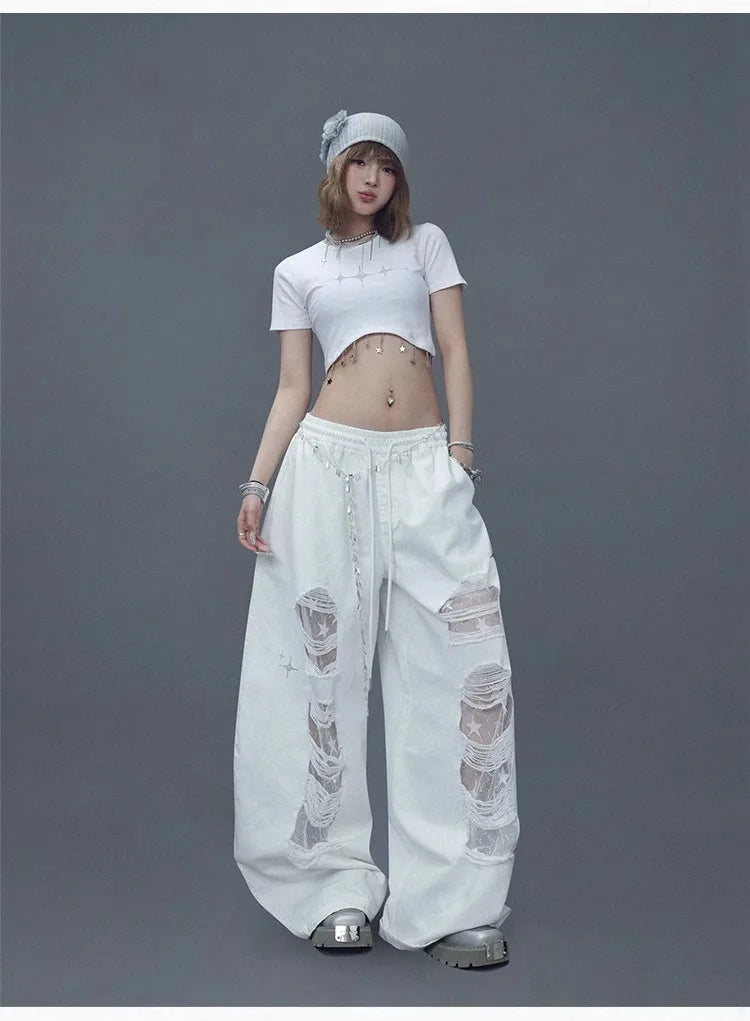 CBXLAB Street Dance Women'sWhite denim patchwork distressed dance pants with long design for jazz dancers, spicy and casual