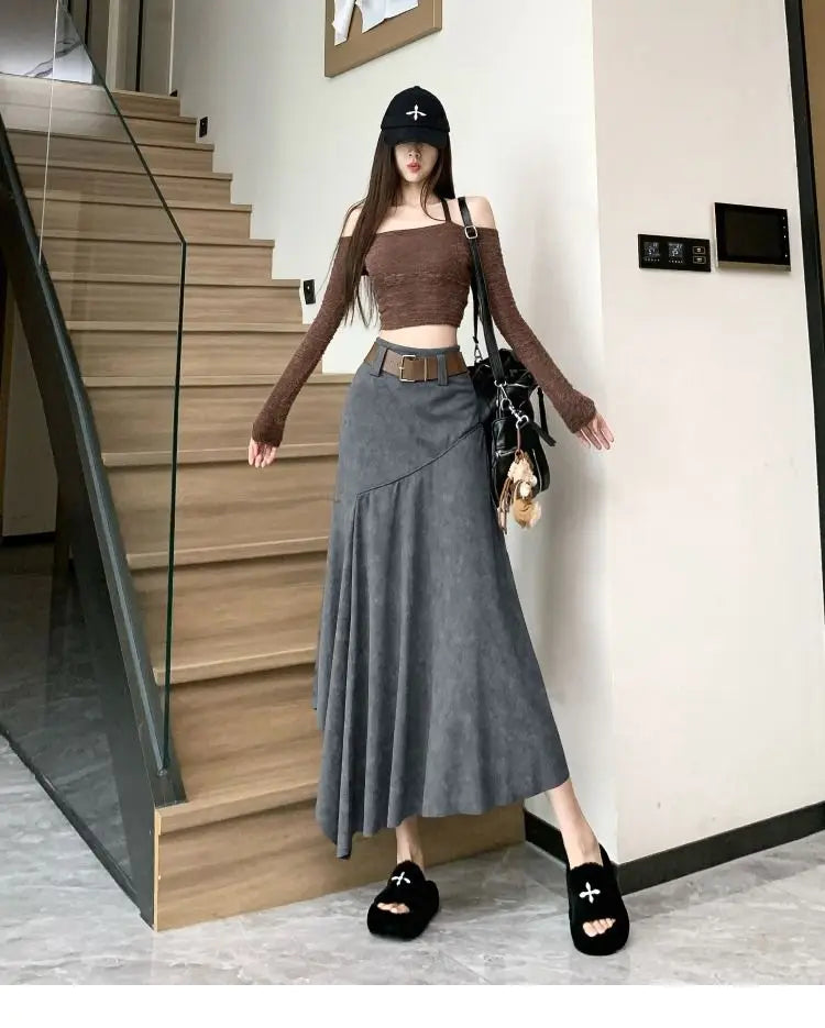 Women Clothing Autumn Korean Fashion Vintage High Waist Asymmetrical Skirts Female Elegant Chic Tie Dye Slim Long Skirt Faldas