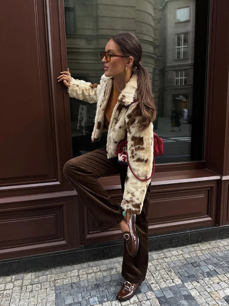 Faux Fur Contrast Women Coat 2025 Lapel Zipper Long Sleeve Female Coats Vintage Autumn Winter Pocket Thicken Warm Lady Outwear