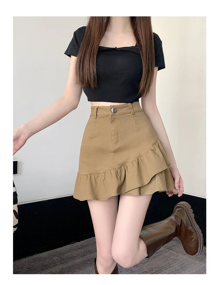 High Waist A-Line  Skirt Women's Spring Summer Denim f-length Skirts with Lace Hemline Cotton Polyester Blend