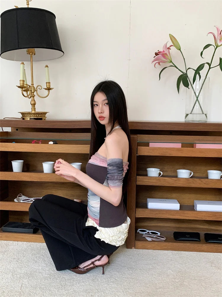 CHEERART Tie Dye Off The Shoulder Mesh Top For Women One Shoulder Designer Crop Top Fashion T Shirt Summer 2025 Clothing