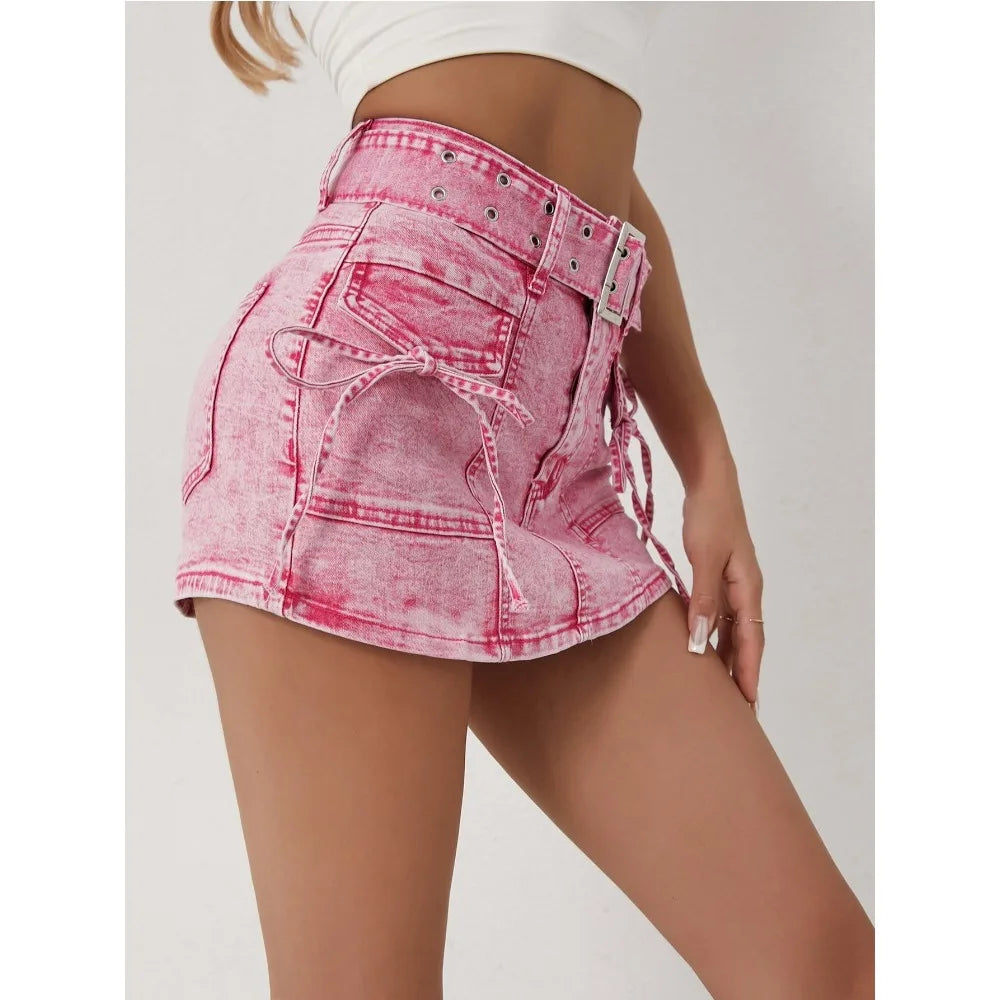 2025 New Women's High waist Denim shorts Belt Buckle with Covered Fake Pocket Front Lace Up Denim Short