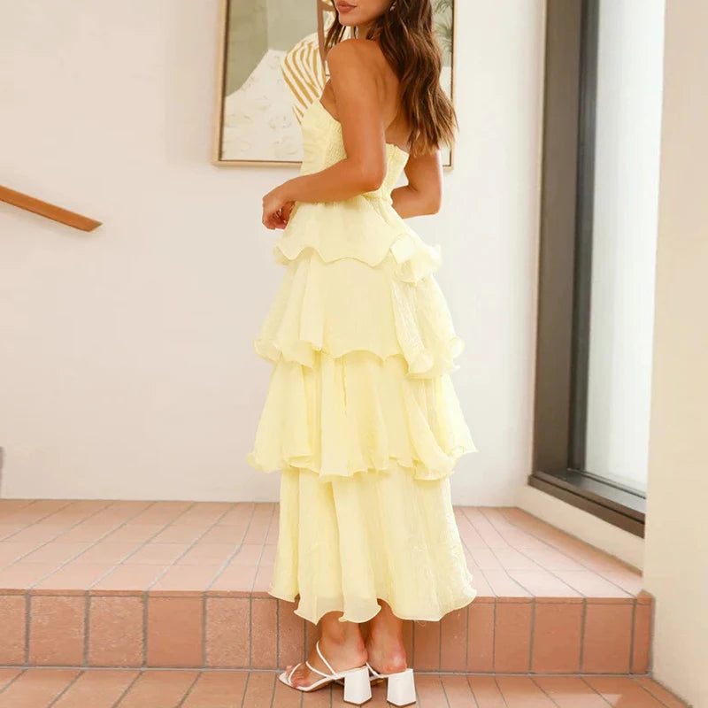 Women 2025 Backless Sleeveless One Piece Office Long Dress Elegant Solid Evening Dress All Match Layered Ruffle Slim Party Dress