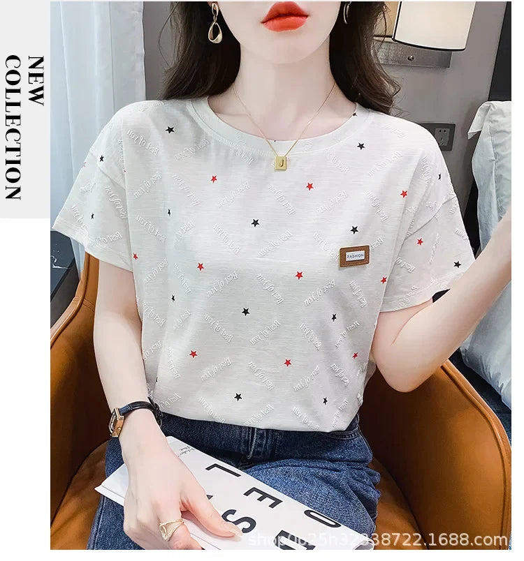 Summer Women's Loose-Fit Plus Size White Half-Sleeve T-Shirt New Style Casual Crew Neck Decorative Bodysuit Top Ins Trendy