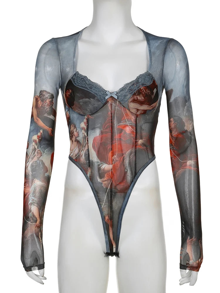Rockmore  Vintage Printed Mesh Bodysuits Women Lace Bow Square Neck High Waist Wrapping Long Sleeve Bodysuit Halloween Christmas