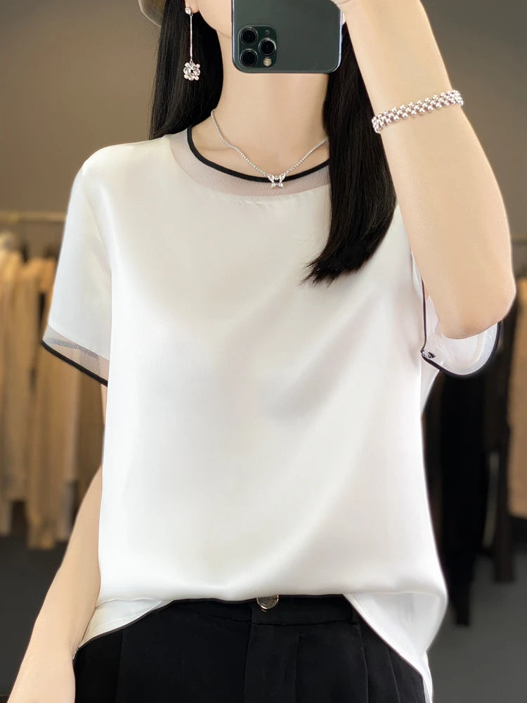 Oversize New Arrival T-Shirt Silky Satin Surface Women's Tees Short ONeck Tank Top Casual Slim Solid Lady Clothes Fashion Trends