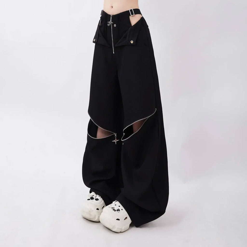 Hollow Out Zipper Design Pants Black Cargo Sweatpants Women Y2k Fashion Baggy High Waist Wide Leg Sport Pants Causal Trousers