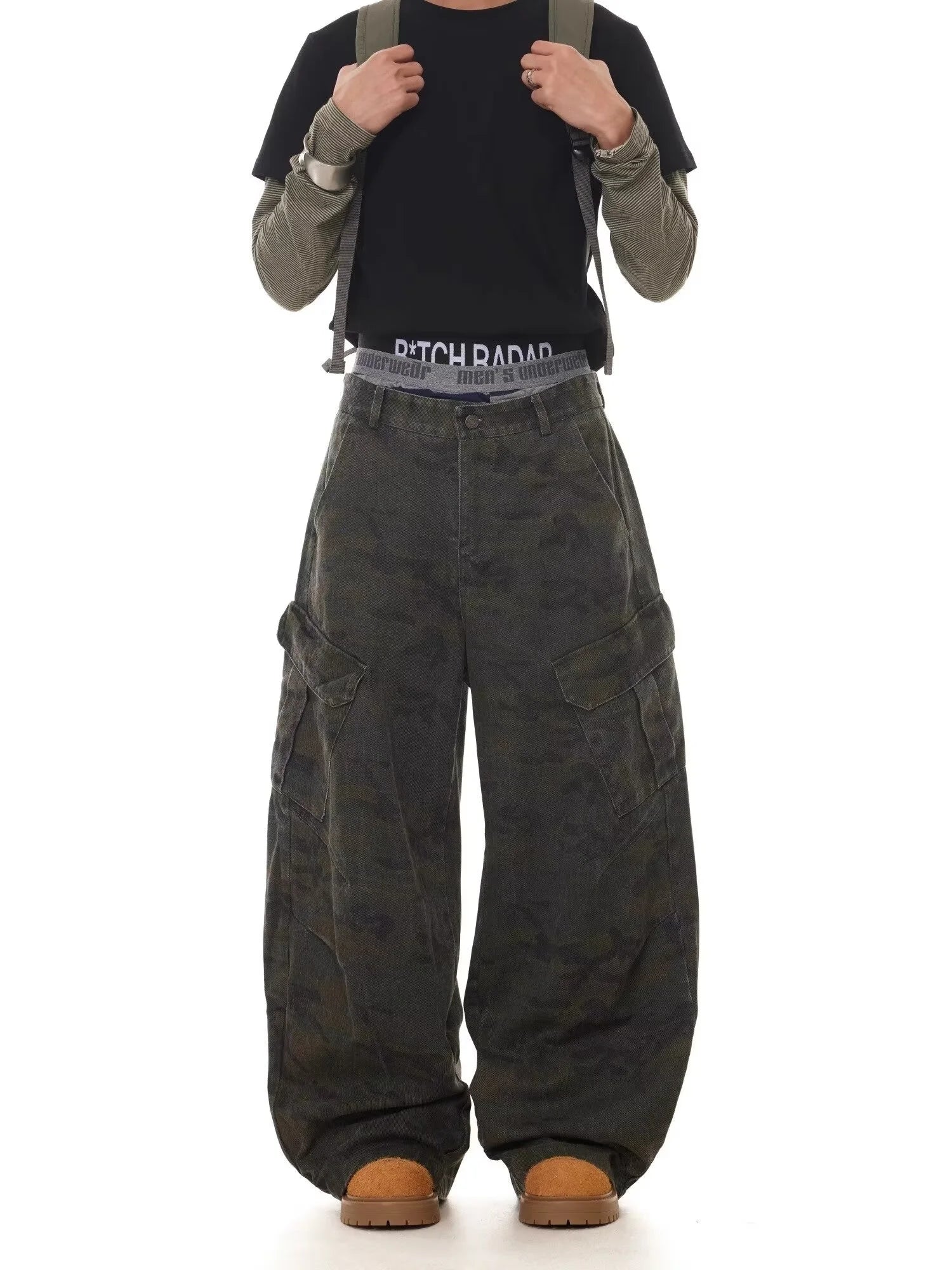 American Retro Multi-pocket Camouflage Silhouette Scimitar Jeans Niche Baggy Wide-leg Sickle Casual Pants Hoodies Men's Clothing