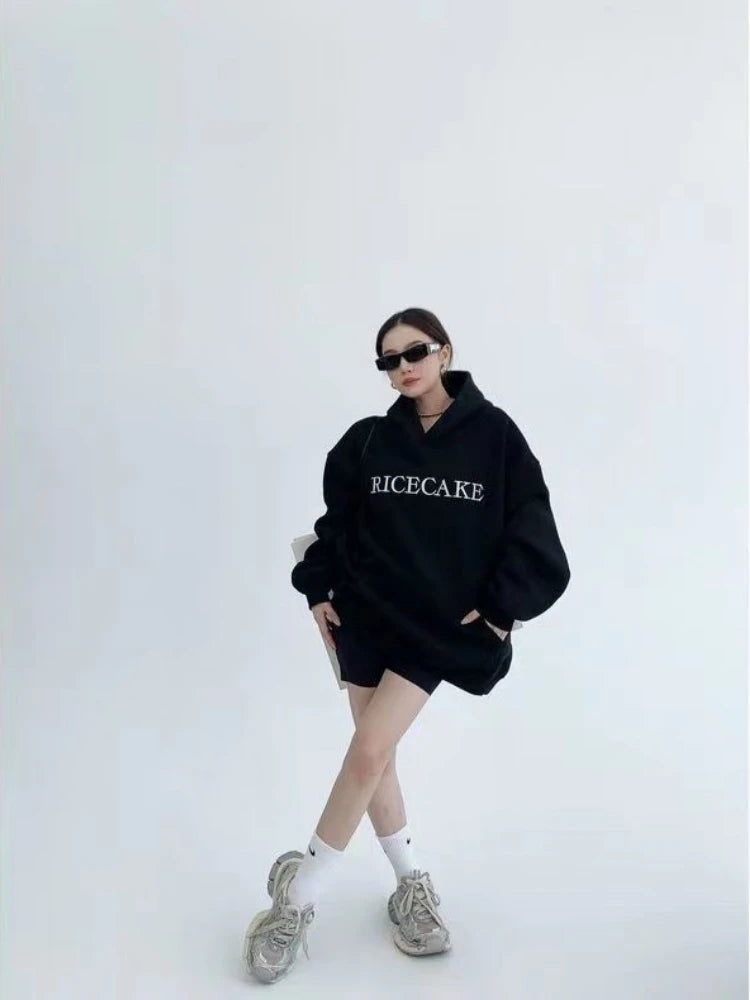 Hikigawa Chic Fashion Floral Embroidery Hoodies Women Coats Autumn Casual Loose All Match Hooded Pullover Outerwear Tops Mujer