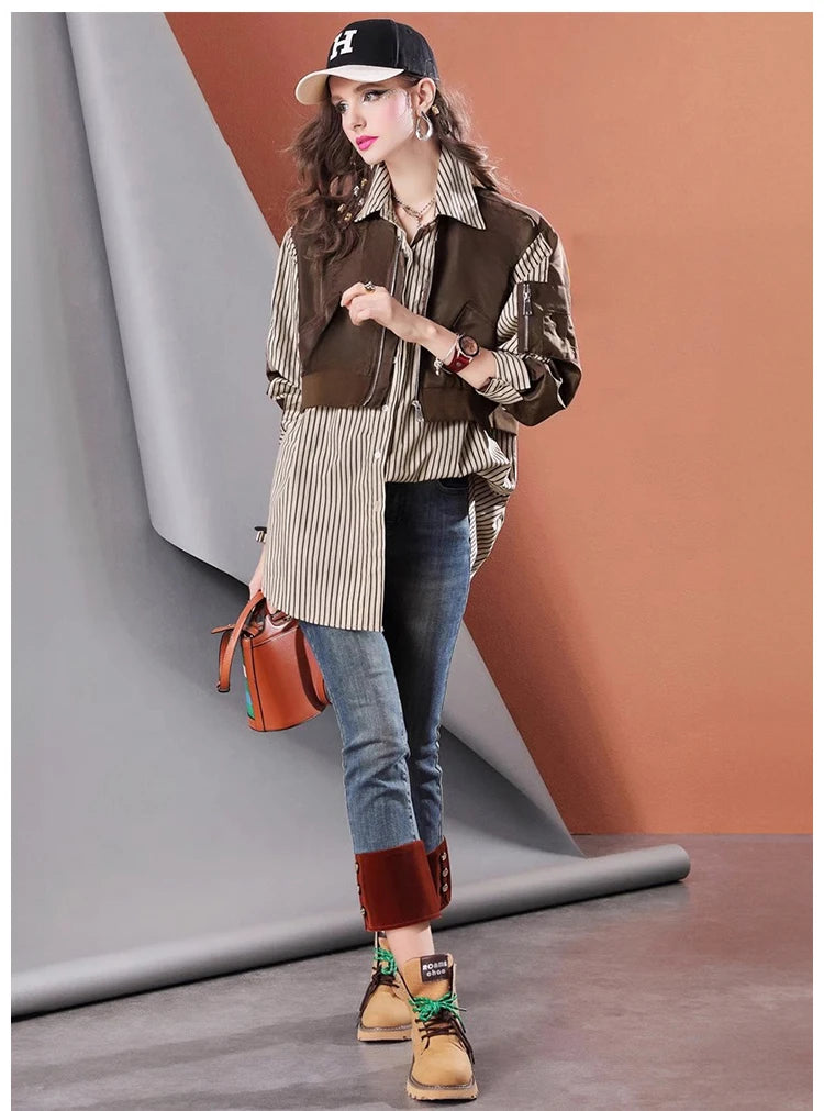 High Quality Loose Fake Two Piece Mid-Length Women's Casual Striped Shirt
