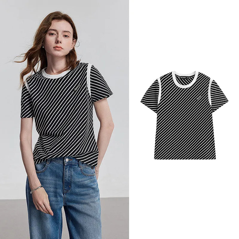 TOYOUTH Women Short Sleeve Striped T shirt 2025 Spring New Tops 8521021