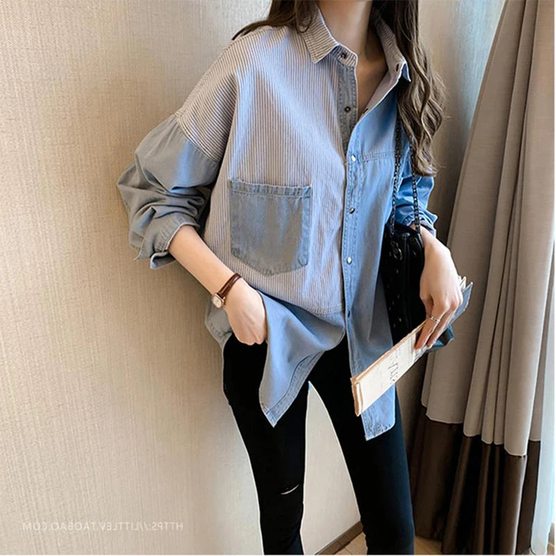 Womens' Splicing Striped Shirt Fashion Spring Autumn Versatile Thin Outerwears Korean Fashion Loose Blue Denim Jackets