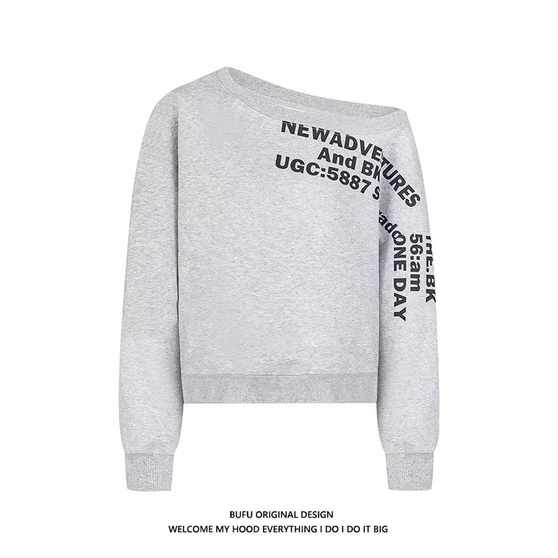 Shoulder Bared Vintage Print Letter Long Sleeve Sweatshirt Women's Autumn New Style Small Audience Oblique Shoulder Irregular Lo