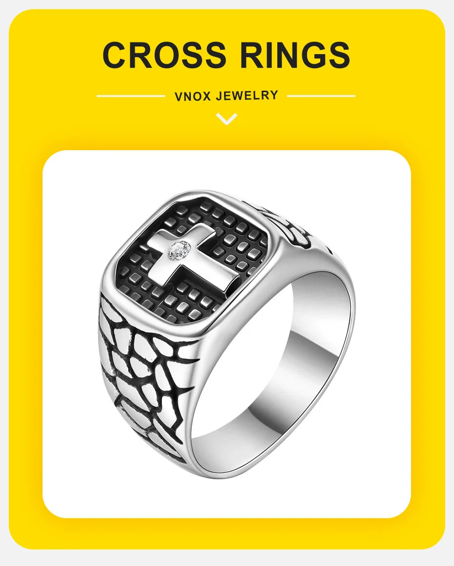 Vnox Bold Cross Signet Rings for Men,Crack Warrior Men's Faith Protect Stamp Finger Band, Vintage Viking Jewelry