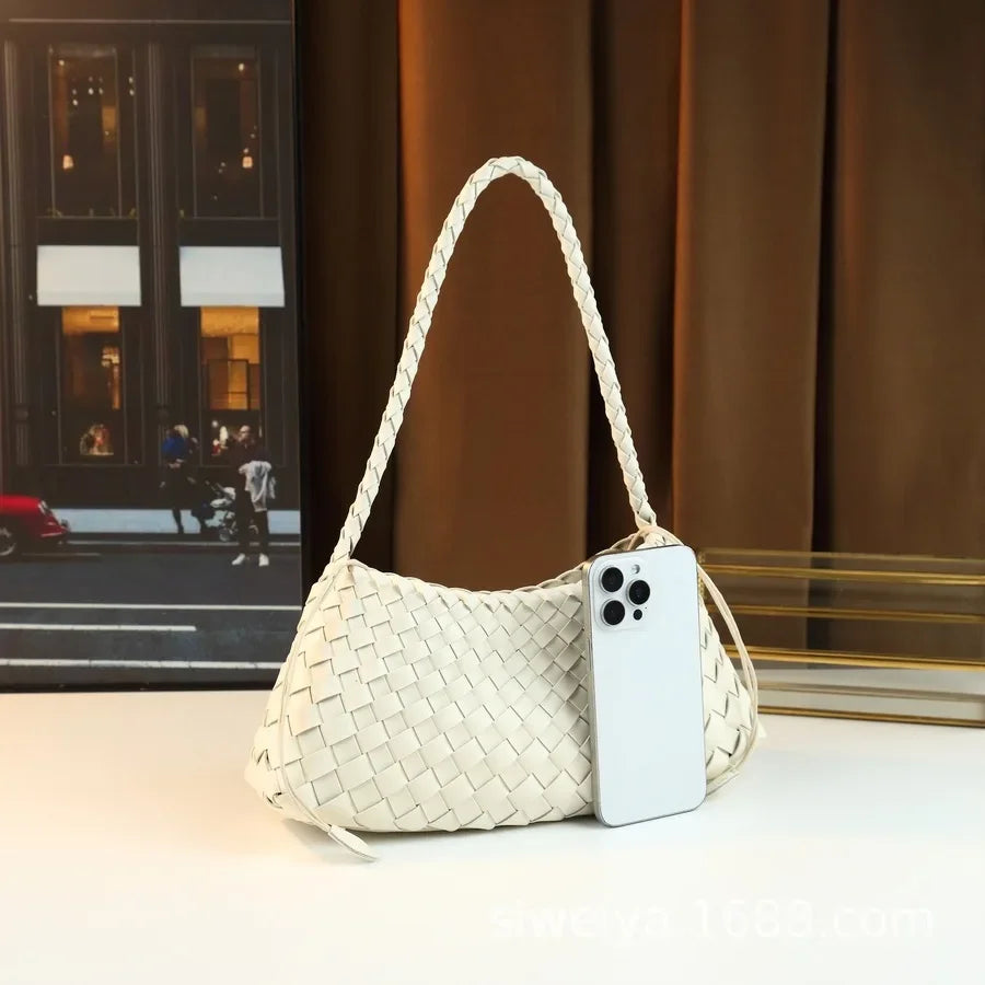 Handcrafted Woven Shoulder Crossbody Bag Simple Casual Ladies Handbag Underarm Bag Fashion Crescent Soft PU Leather Handbag