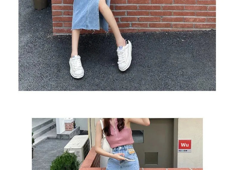 Mid-Length Denim Mini Skirt for Women High Waist Slimming Split Knee-Length Summer Trendy Cotton Half Body Skirts