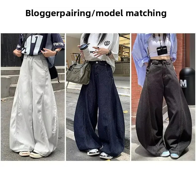 Men's Summer High Waist Straight Leg Jeans Slimming Loose Wide Leg Pants Retro Knife Edge Design Casual Fashion