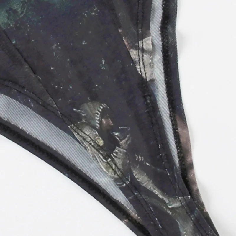 Goth Dark 90s Retro Print Mesh Long Sleeve Skinny Bodysuits Cyber Y2K Sheer Tops Women Gothic Lace Patchwork Bodysuit Streetwear