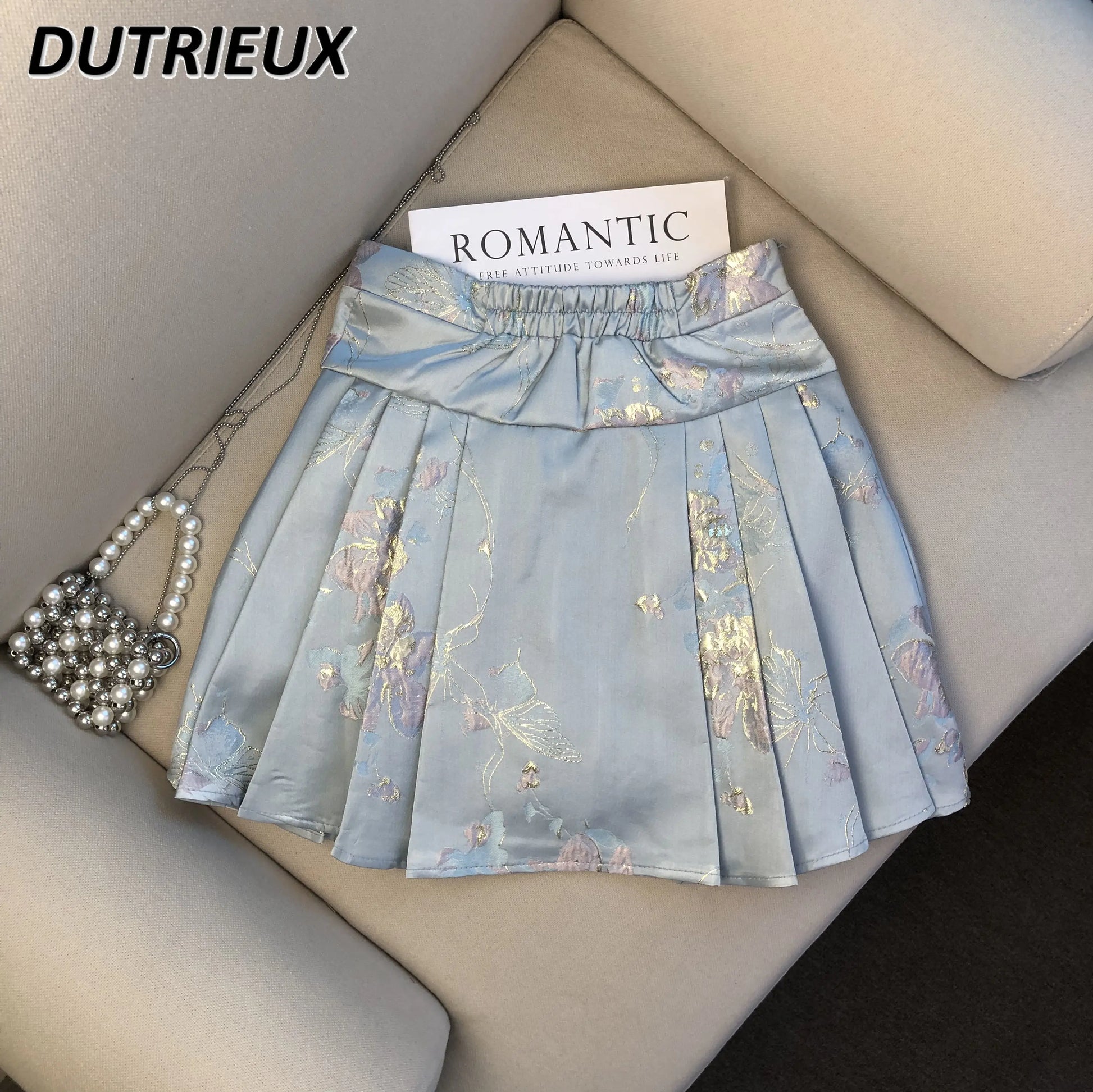 Summer New Chinese Style Satin Jacquard Horse-Face Pleated Mini Skirts Sweet Cute Girl High Waist Short Skirt for Women