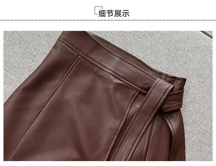 Women Clothing Autumn Winter Vintage Elegant Lace-up PU Leather Long Skirts Female Red High Waist Slim A-line Maxi Skirt Faldas