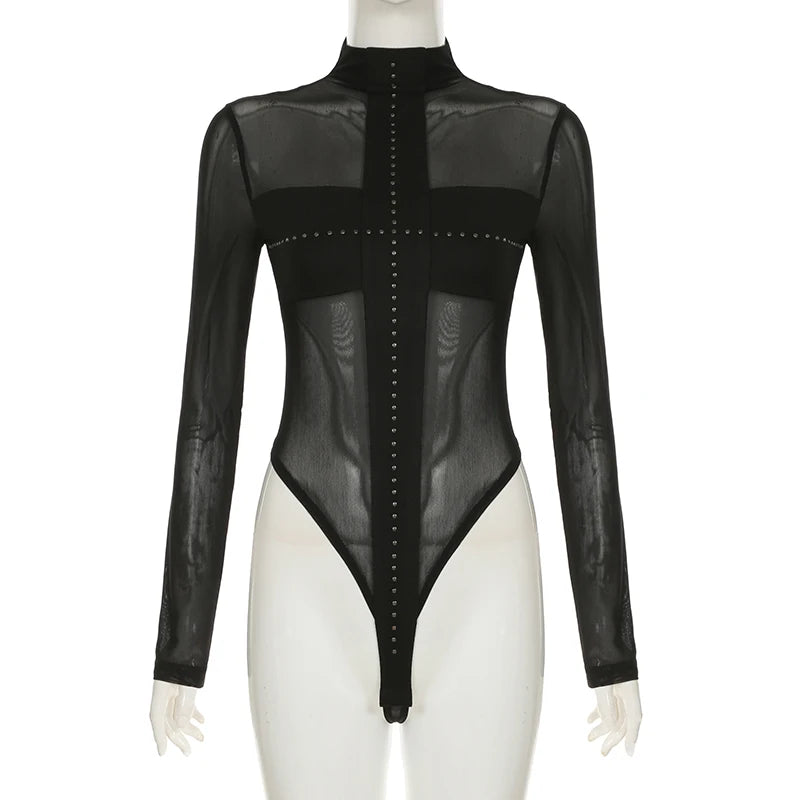 IAMSURE Sexy Patchwork Mesh Bodysuits See Through Turtleneck Long Sleeve Rompers Women 2024 Autumn Spring Fashion Streetwear