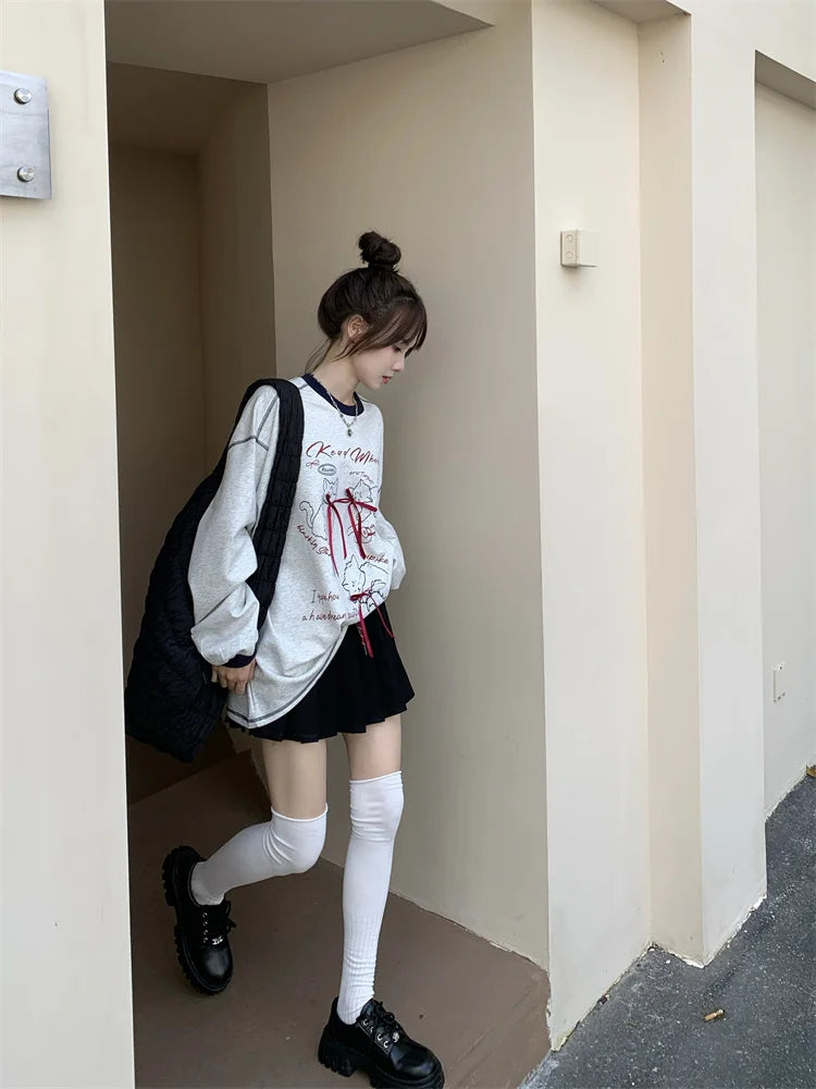 Ele Loose Long Sve Hoodie Women's Faion Design  Knot Print Top Trendy Autumn New Sle Korean System