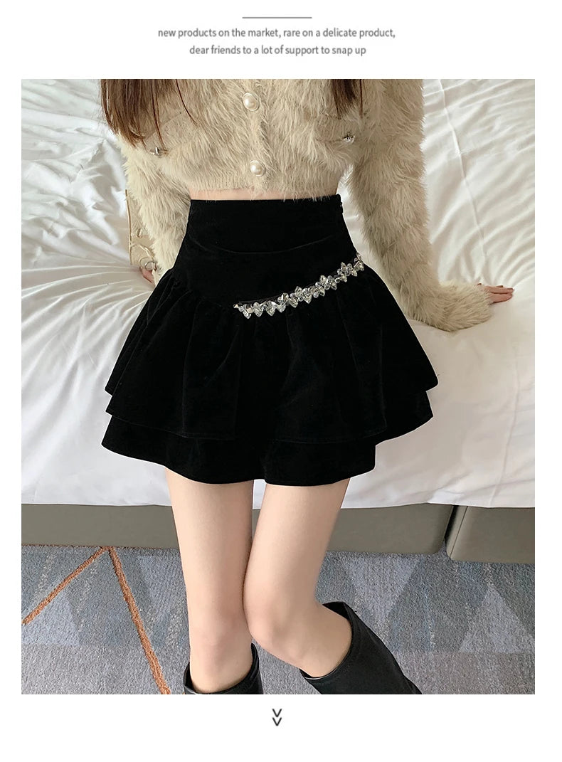 Bla Velvet Cake f Skirt Women's Autumn Winter High Waist A-Line Fluffy ort Skirt Small Size Pleated f Skirt