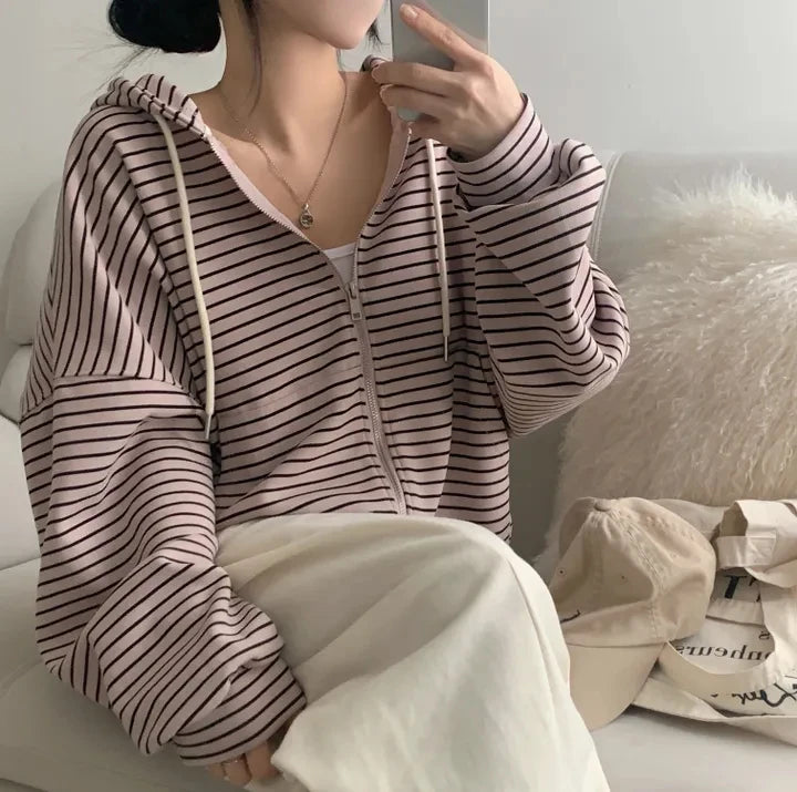 Spring 2025 Women's Chic Loose Casual Lazy Sle Striped Hooded Jaet with ket Open Cardigan Sweatirt Comfortable Fit