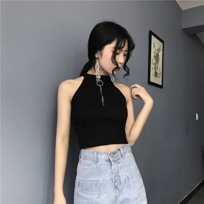 Retro Zipper Crop Tops Women Short Knitted Camisole Sleeveless Leisure Tank Top Camis Summer 2022 New