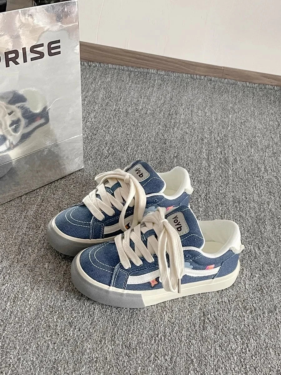 Korean Style Thick Bottom Canvas Shoes Women's Low Top Casual Student Sneakers Flat Heel Cotton Lined Adult Pure Color