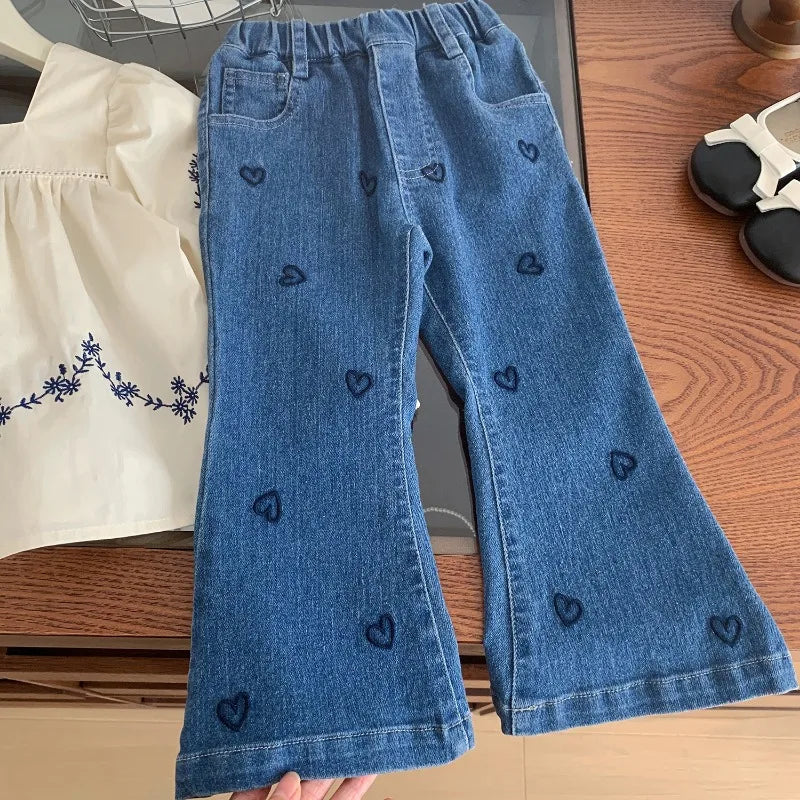 2025 Spring Girls Fashion Clothes Set 2-7 Y Children's Embroidered Square Collar Blouse and Heart Jeans 2Pcs Suit Kids Outfit