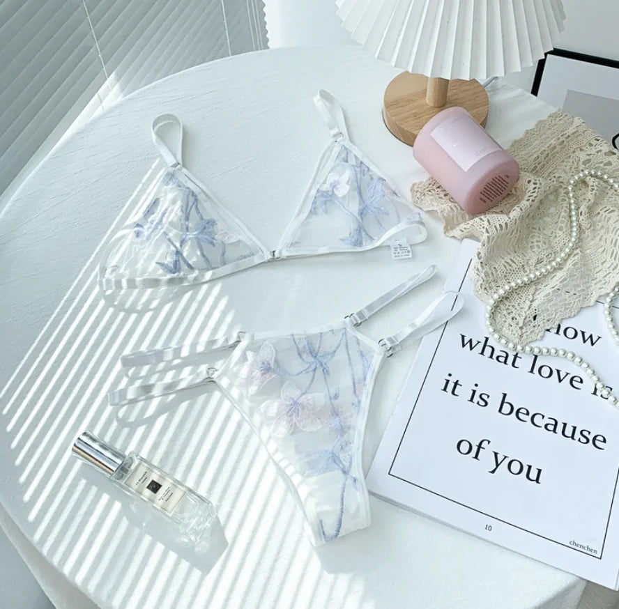 Women's Ultra-thin Cup Bra & Brief Sets Mesh Lace Underwear Set Transparent Beauty Back Hollow Embroidery Lingerie Set