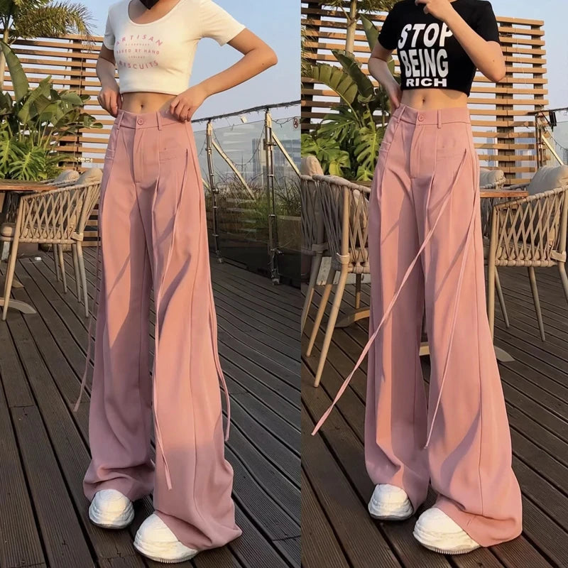 Jielur Lace-up High Waist Straight Women Suit Pants Summer Slim Loose Full Length Female Wide Leg Pants Casual Chic Office Lady