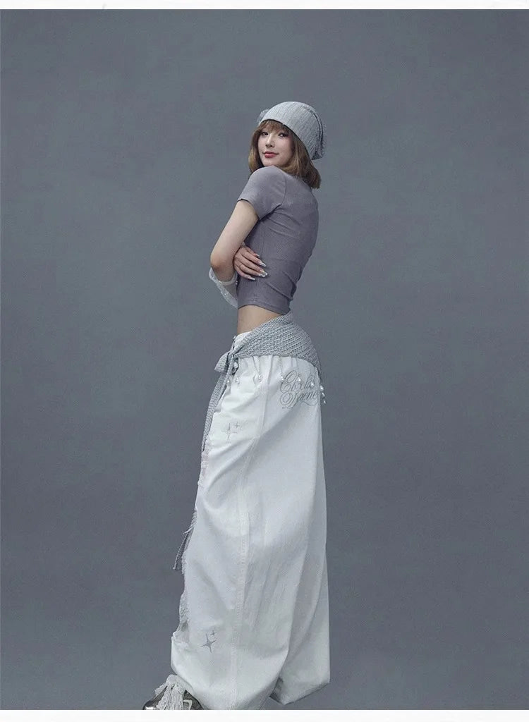 CBXLAB Street Dance Women'sWhite denim patchwork distressed dance pants with long design for jazz dancers, spicy and casual