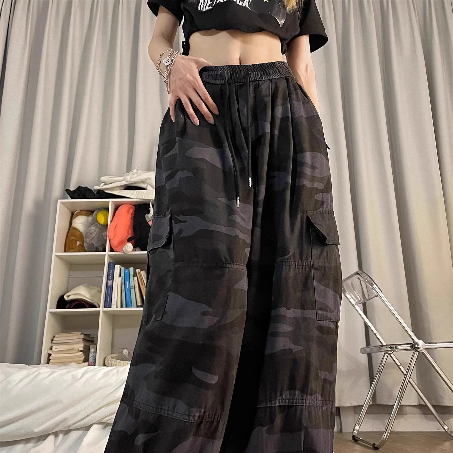 American High Street Camouflage Work Pants Women's Dstring Hip Hop Large Size Loose Straight Leg Wide Leg Trousers