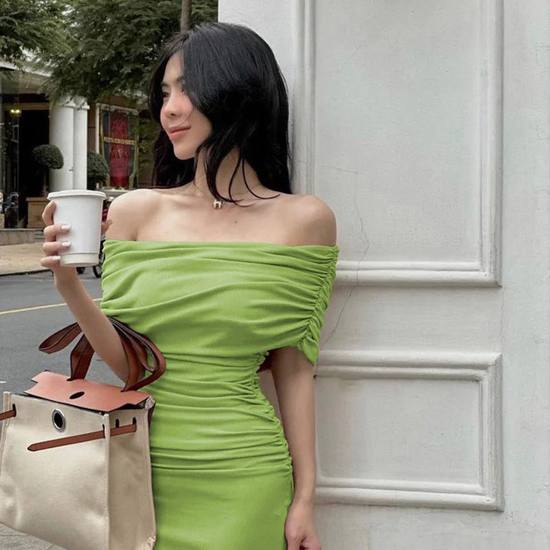 Spring European and American One Shoulder Pleated Dress Slim Fit and Slim Slim Slim Split Bottom Dress Long Dres