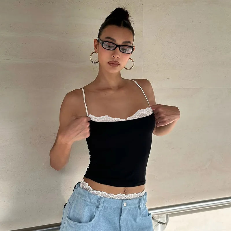 Cryptographic Summer Lace Trim Camisole Tops Club Party Outfits Backless Streetwear Sleeveless Crop Top Coquette Clothes