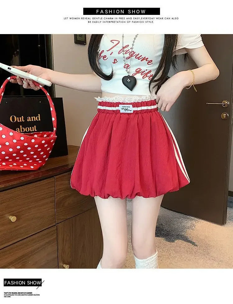 American Style Spliced Lace Stripe High Waist Half Skirt Women Summer Anti Exposure Flower Bud Puffy Short Skirt Polyester Fiber