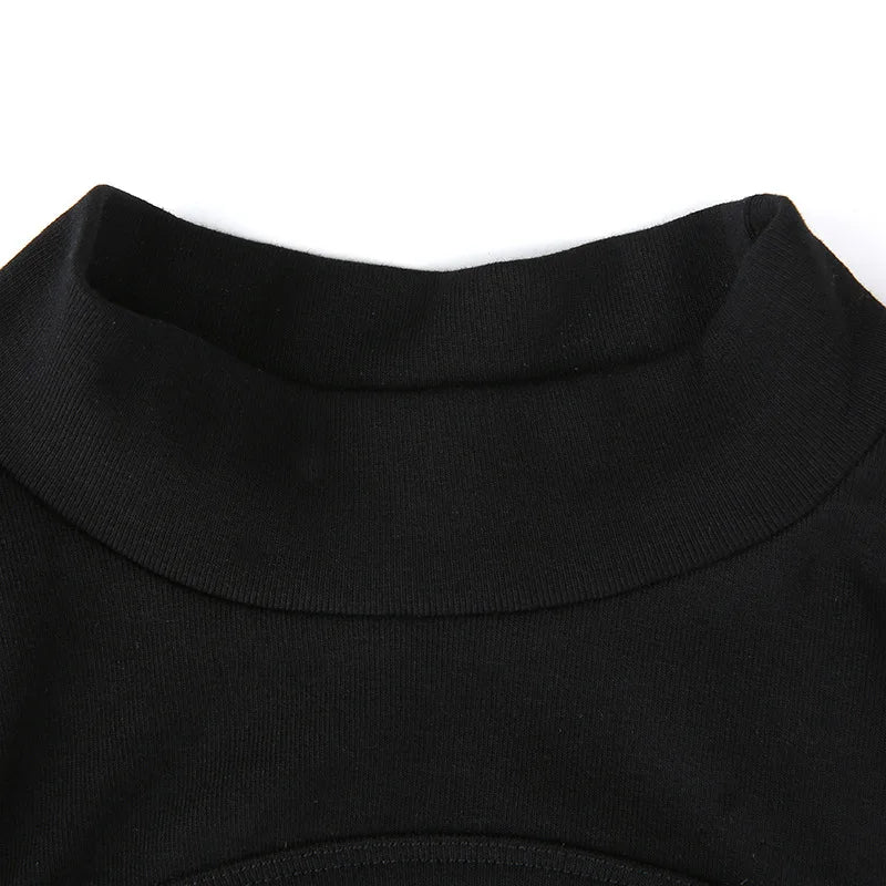 High Fashion Women’s Long-sleeved Bodysuit Solid Color Hollow Off-shoulder Half High Collar Jumpsuit