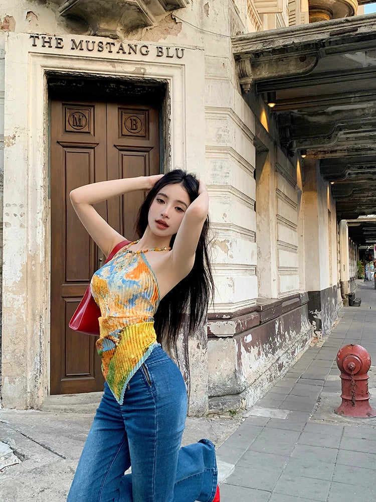 Tonngirls Vintage Tie Dye Tank Tops Women Sleeveless Lace Up Y2k Retro Camis Tops Backless Summer Korean Style Tank Tops 2000s