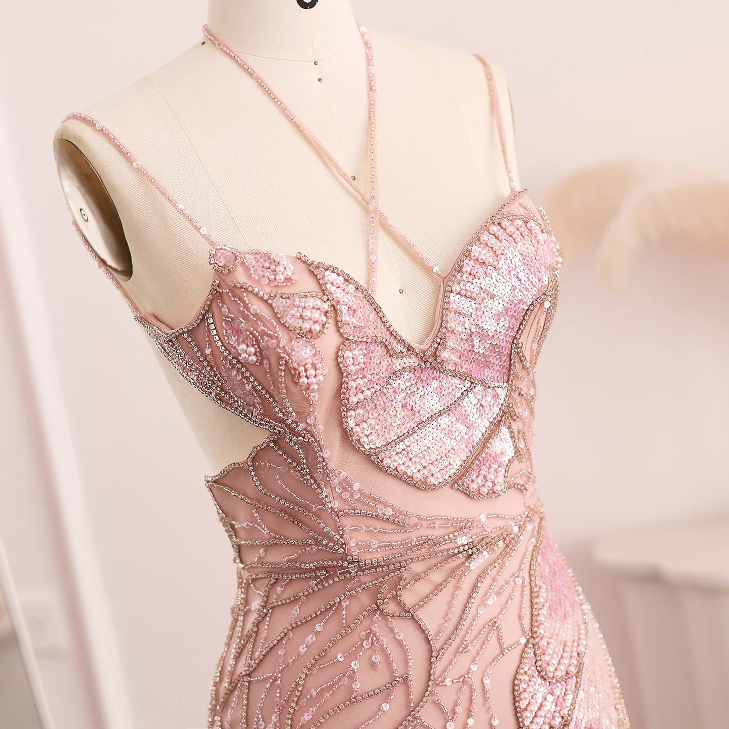 Sharon Said Luxury Mermaid Pink Evening Dresses with Feathers Scarf Straps Dubai Women Blue Wedding Prom Gowns SS478 Customized