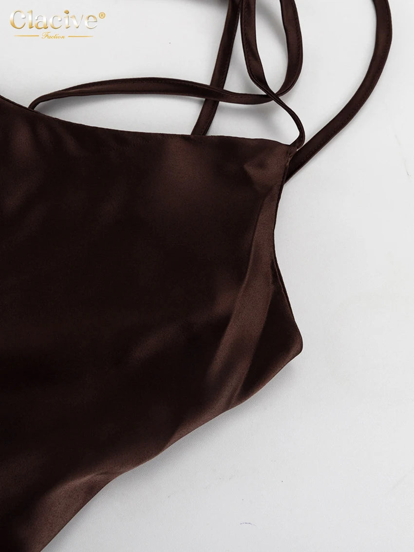Clacive Fashion Loose Brown Satin Womens Dresses 2025 Summer Strap Sleeveless Floor Length Dress Sexy Backless Female Dress