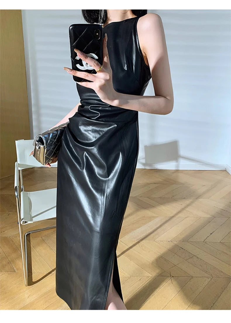 Lautaro Spring Autumn Sleeveless Backless Black Stretchy Blue Soft Faux Leather Midi Tank Dress Women Slim Fit Long Dresses 2023