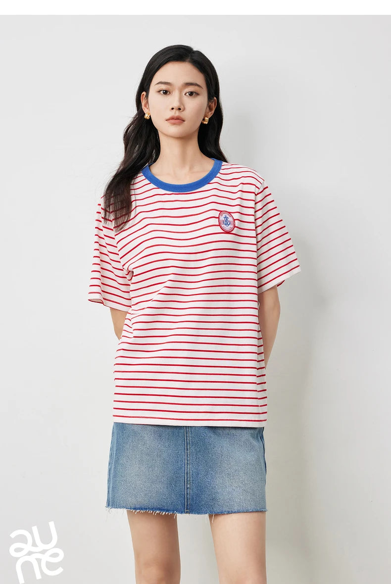 TOYOUTH Women Striped Short Sleeved T-shirt 2024 Summer New Academy Style Round Neck Top