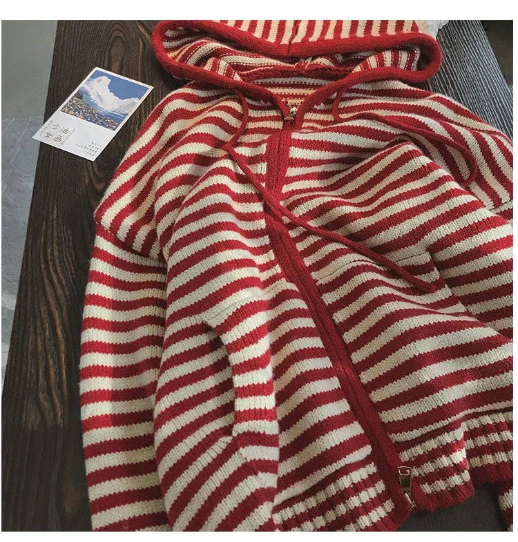 Contrast Color Stripe Hood Knit Cardigan Women Autumn and Winter New Loose Design Sense Long Sleeve Cardigan Sweater Outerwear