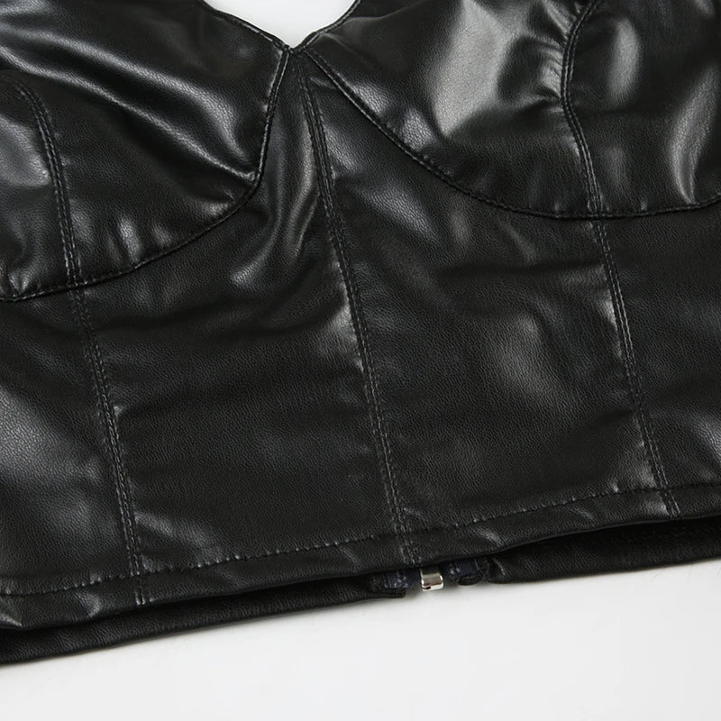 Hot Sexy Gyaru Slim Fit Leather Short Tops Women Halter Up Turn Down Collar Fashion Trendy Backless Design Tanks